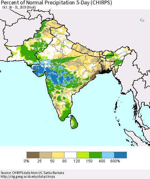 Southern Asia Percent of Normal Precipitation 5-Day (CHIRPS) Thematic Map For 10/26/2019 - 10/31/2019