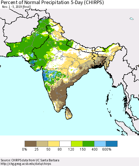 Southern Asia Percent of Normal Precipitation 5-Day (CHIRPS) Thematic Map For 11/1/2019 - 11/5/2019