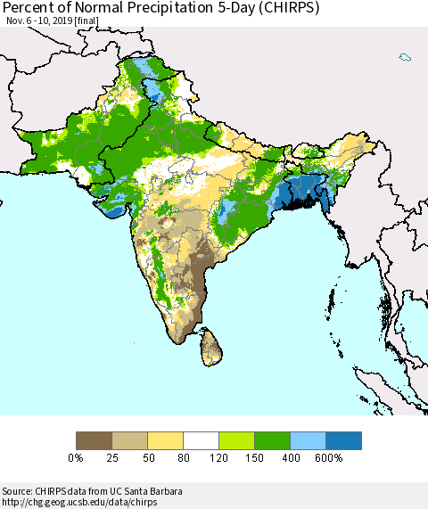 Southern Asia Percent of Normal Precipitation 5-Day (CHIRPS) Thematic Map For 11/6/2019 - 11/10/2019