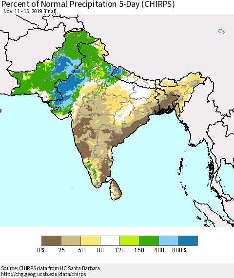 Southern Asia Percent of Normal Precipitation 5-Day (CHIRPS) Thematic Map For 11/11/2019 - 11/15/2019