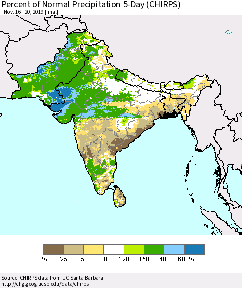 Southern Asia Percent of Normal Precipitation 5-Day (CHIRPS) Thematic Map For 11/16/2019 - 11/20/2019