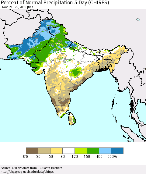Southern Asia Percent of Normal Precipitation 5-Day (CHIRPS) Thematic Map For 11/21/2019 - 11/25/2019