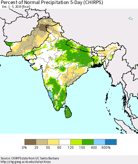 Southern Asia Percent of Normal Precipitation 5-Day (CHIRPS) Thematic Map For 12/1/2019 - 12/5/2019