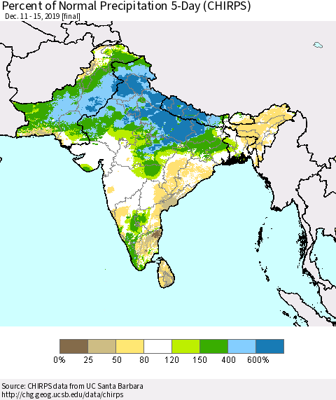 Southern Asia Percent of Normal Precipitation 5-Day (CHIRPS) Thematic Map For 12/11/2019 - 12/15/2019