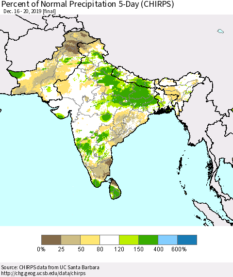 Southern Asia Percent of Normal Precipitation 5-Day (CHIRPS) Thematic Map For 12/16/2019 - 12/20/2019