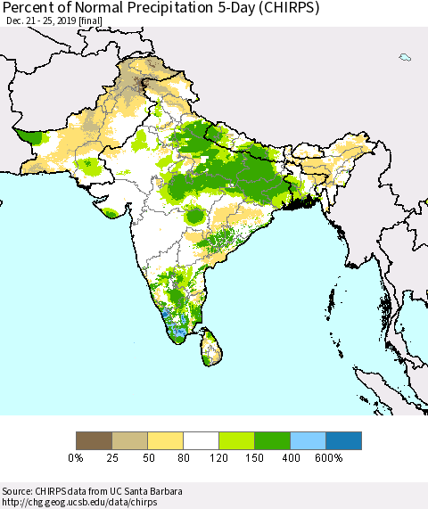 Southern Asia Percent of Normal Precipitation 5-Day (CHIRPS) Thematic Map For 12/21/2019 - 12/25/2019