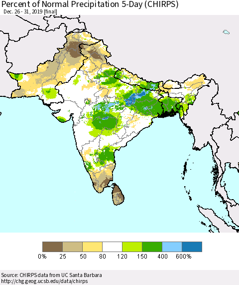 Southern Asia Percent of Normal Precipitation 5-Day (CHIRPS) Thematic Map For 12/26/2019 - 12/31/2019