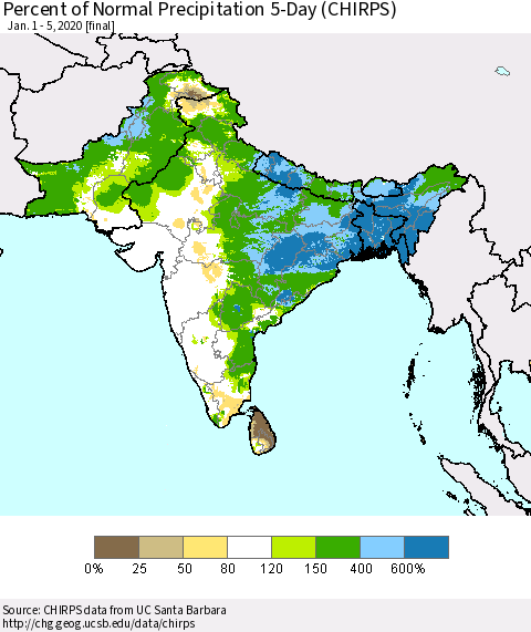 Southern Asia Percent of Normal Precipitation 5-Day (CHIRPS) Thematic Map For 1/1/2020 - 1/5/2020