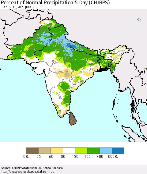 Southern Asia Percent of Normal Precipitation 5-Day (CHIRPS) Thematic Map For 1/6/2020 - 1/10/2020