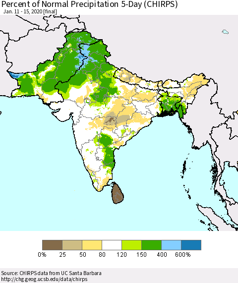 Southern Asia Percent of Normal Precipitation 5-Day (CHIRPS) Thematic Map For 1/11/2020 - 1/15/2020