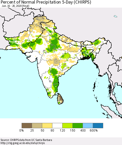 Southern Asia Percent of Normal Precipitation 5-Day (CHIRPS) Thematic Map For 1/16/2020 - 1/20/2020