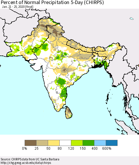 Southern Asia Percent of Normal Precipitation 5-Day (CHIRPS) Thematic Map For 1/21/2020 - 1/25/2020