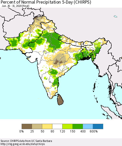 Southern Asia Percent of Normal Precipitation 5-Day (CHIRPS) Thematic Map For 1/26/2020 - 1/31/2020