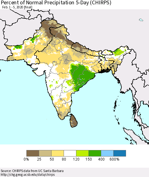 Southern Asia Percent of Normal Precipitation 5-Day (CHIRPS) Thematic Map For 2/1/2020 - 2/5/2020