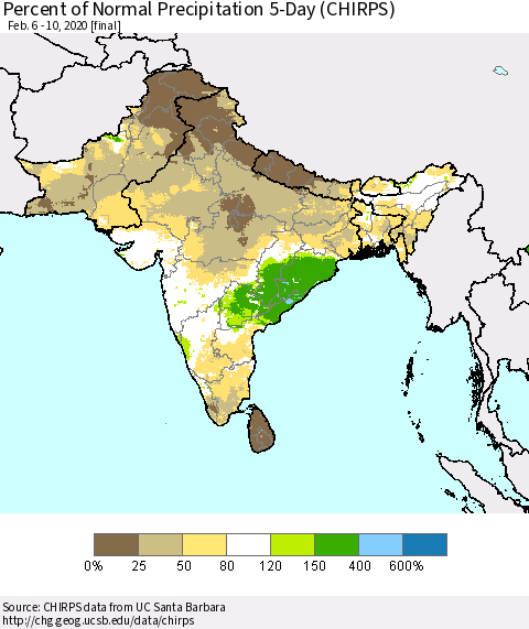 Southern Asia Percent of Normal Precipitation 5-Day (CHIRPS) Thematic Map For 2/6/2020 - 2/10/2020