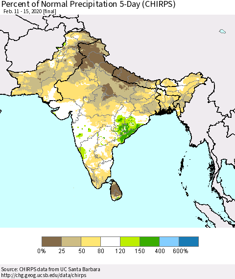 Southern Asia Percent of Normal Precipitation 5-Day (CHIRPS) Thematic Map For 2/11/2020 - 2/15/2020