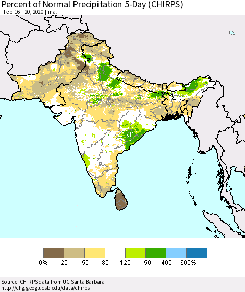 Southern Asia Percent of Normal Precipitation 5-Day (CHIRPS) Thematic Map For 2/16/2020 - 2/20/2020