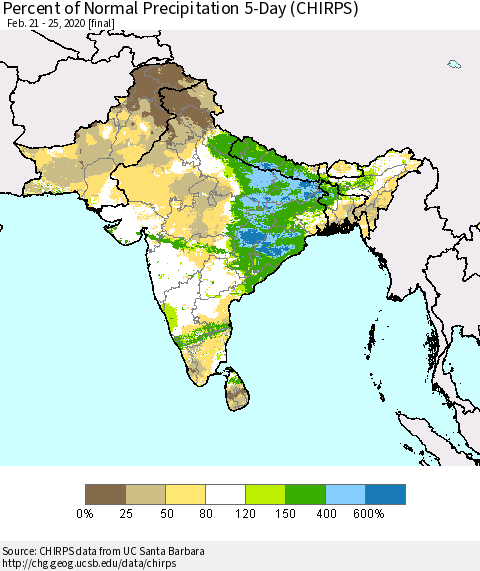 Southern Asia Percent of Normal Precipitation 5-Day (CHIRPS) Thematic Map For 2/21/2020 - 2/25/2020