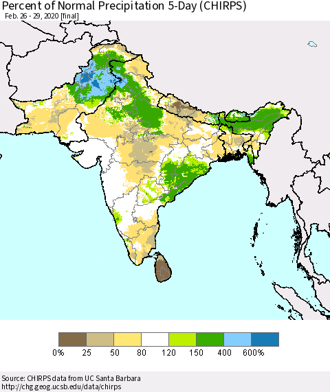 Southern Asia Percent of Normal Precipitation 5-Day (CHIRPS) Thematic Map For 2/26/2020 - 2/29/2020