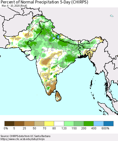 Southern Asia Percent of Normal Precipitation 5-Day (CHIRPS) Thematic Map For 3/6/2020 - 3/10/2020