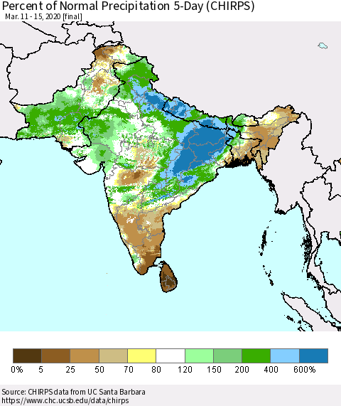 Southern Asia Percent of Normal Precipitation 5-Day (CHIRPS) Thematic Map For 3/11/2020 - 3/15/2020