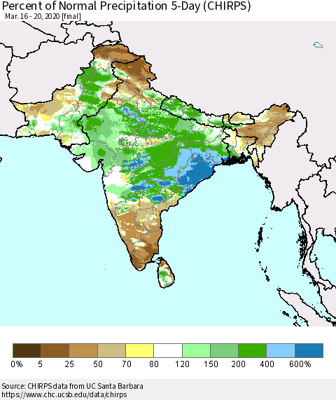 Southern Asia Percent of Normal Precipitation 5-Day (CHIRPS) Thematic Map For 3/16/2020 - 3/20/2020