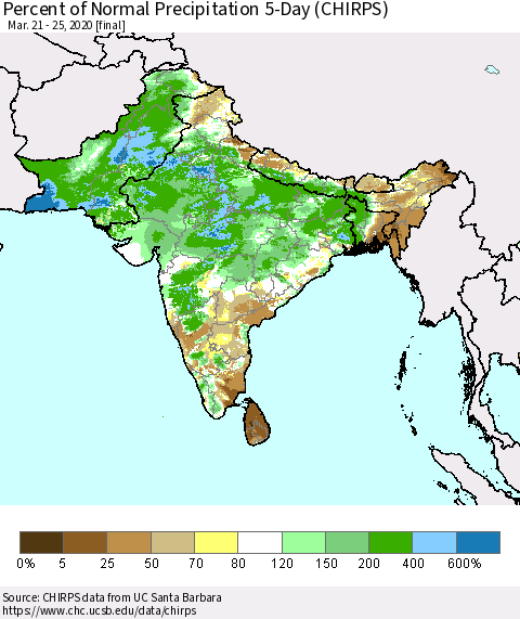 Southern Asia Percent of Normal Precipitation 5-Day (CHIRPS) Thematic Map For 3/21/2020 - 3/25/2020