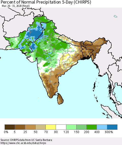 Southern Asia Percent of Normal Precipitation 5-Day (CHIRPS) Thematic Map For 3/26/2020 - 3/31/2020