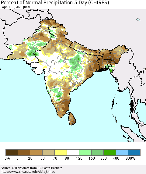 Southern Asia Percent of Normal Precipitation 5-Day (CHIRPS) Thematic Map For 4/1/2020 - 4/5/2020
