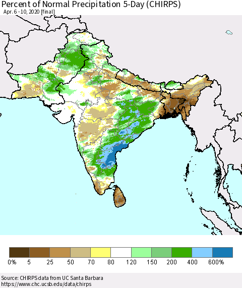Southern Asia Percent of Normal Precipitation 5-Day (CHIRPS) Thematic Map For 4/6/2020 - 4/10/2020