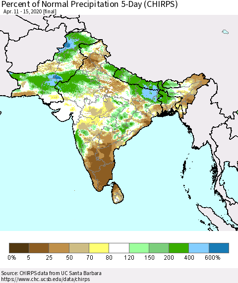 Southern Asia Percent of Normal Precipitation 5-Day (CHIRPS) Thematic Map For 4/11/2020 - 4/15/2020