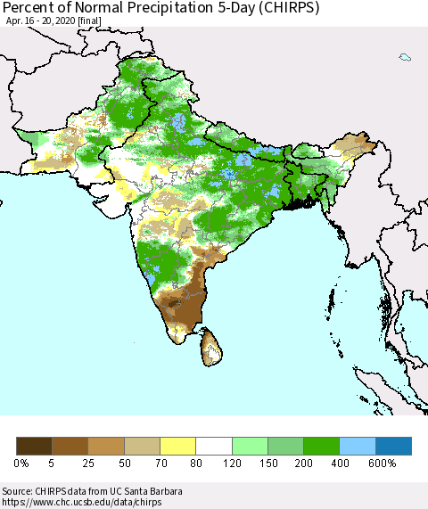 Southern Asia Percent of Normal Precipitation 5-Day (CHIRPS) Thematic Map For 4/16/2020 - 4/20/2020