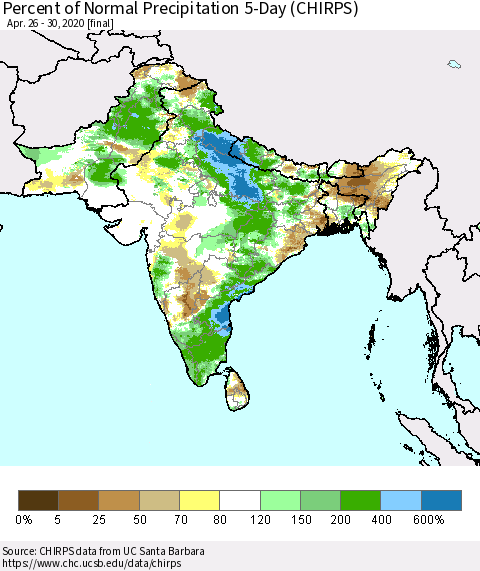 Southern Asia Percent of Normal Precipitation 5-Day (CHIRPS) Thematic Map For 4/26/2020 - 4/30/2020