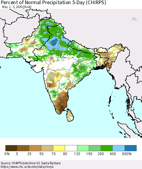 Southern Asia Percent of Normal Precipitation 5-Day (CHIRPS) Thematic Map For 5/1/2020 - 5/5/2020