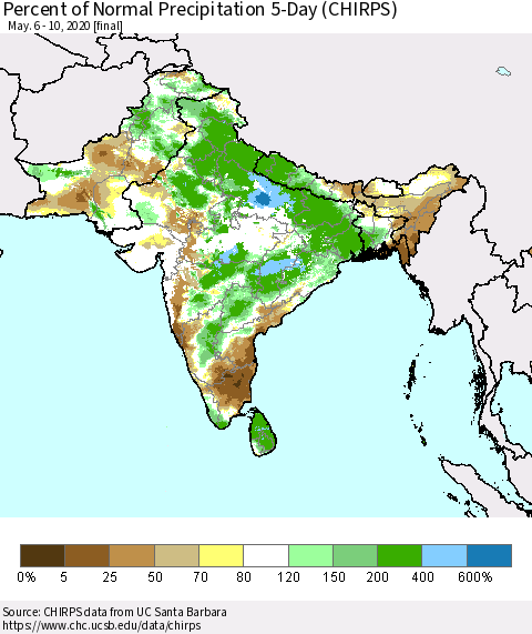 Southern Asia Percent of Normal Precipitation 5-Day (CHIRPS) Thematic Map For 5/6/2020 - 5/10/2020