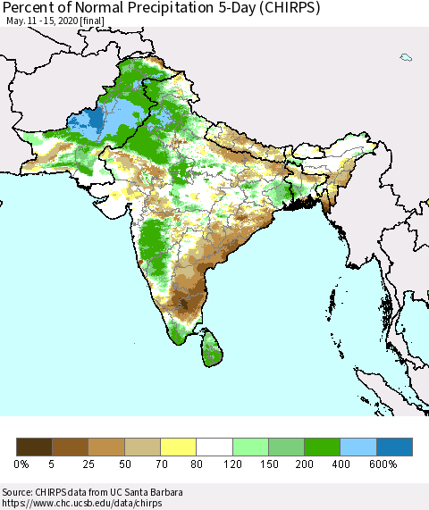 Southern Asia Percent of Normal Precipitation 5-Day (CHIRPS) Thematic Map For 5/11/2020 - 5/15/2020