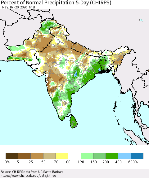 Southern Asia Percent of Normal Precipitation 5-Day (CHIRPS) Thematic Map For 5/16/2020 - 5/20/2020