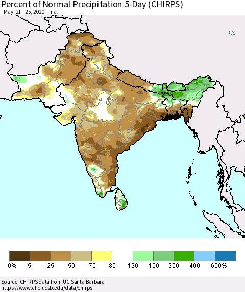 Southern Asia Percent of Normal Precipitation 5-Day (CHIRPS) Thematic Map For 5/21/2020 - 5/25/2020