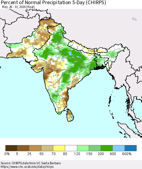 Southern Asia Percent of Normal Precipitation 5-Day (CHIRPS) Thematic Map For 5/26/2020 - 5/31/2020