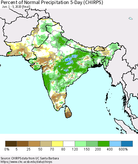 Southern Asia Percent of Normal Precipitation 5-Day (CHIRPS) Thematic Map For 6/1/2020 - 6/5/2020
