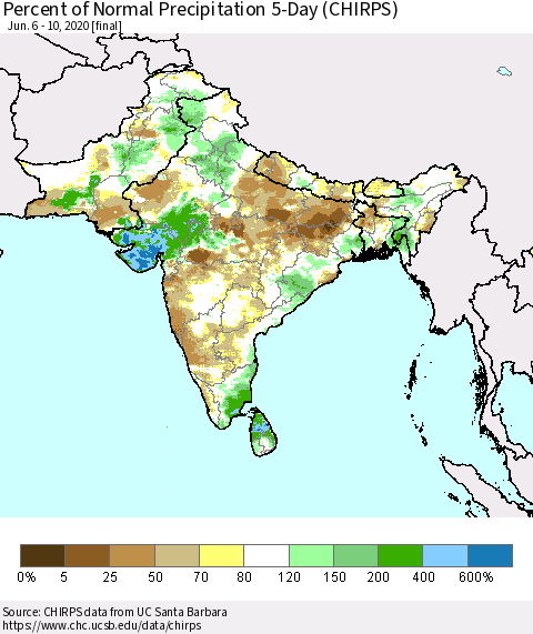 Southern Asia Percent of Normal Precipitation 5-Day (CHIRPS) Thematic Map For 6/6/2020 - 6/10/2020