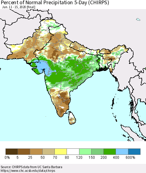 Southern Asia Percent of Normal Precipitation 5-Day (CHIRPS) Thematic Map For 6/11/2020 - 6/15/2020