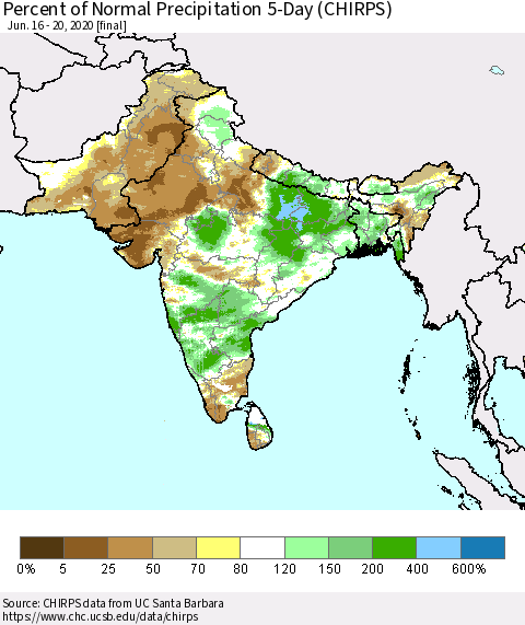 Southern Asia Percent of Normal Precipitation 5-Day (CHIRPS) Thematic Map For 6/16/2020 - 6/20/2020