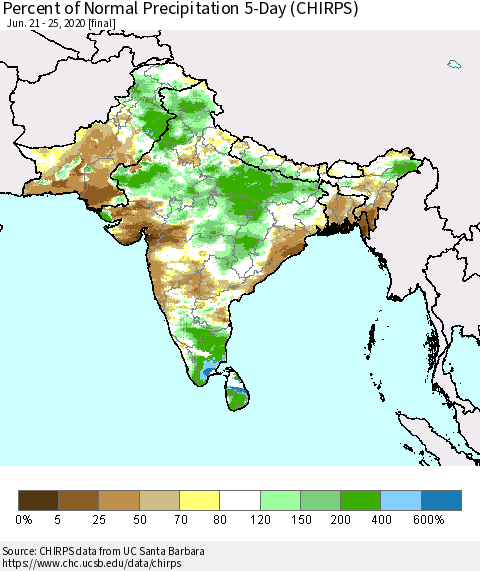 Southern Asia Percent of Normal Precipitation 5-Day (CHIRPS) Thematic Map For 6/21/2020 - 6/25/2020