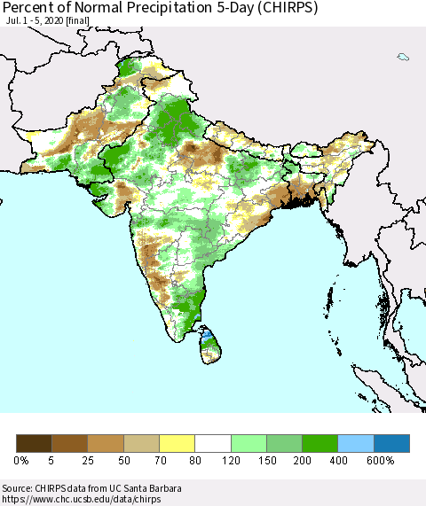 Southern Asia Percent of Normal Precipitation 5-Day (CHIRPS) Thematic Map For 7/1/2020 - 7/5/2020
