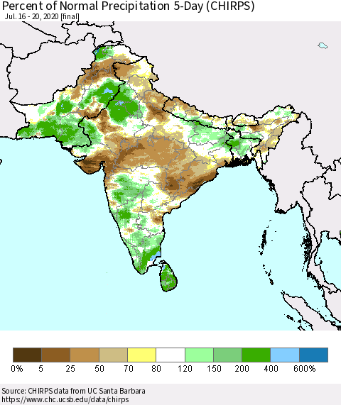 Southern Asia Percent of Normal Precipitation 5-Day (CHIRPS) Thematic Map For 7/16/2020 - 7/20/2020