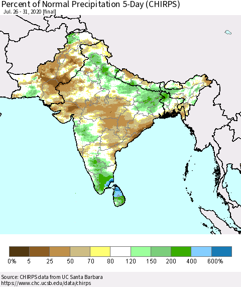 Southern Asia Percent of Normal Precipitation 5-Day (CHIRPS) Thematic Map For 7/26/2020 - 7/31/2020