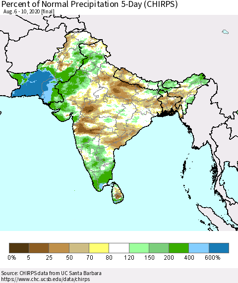 Southern Asia Percent of Normal Precipitation 5-Day (CHIRPS) Thematic Map For 8/6/2020 - 8/10/2020