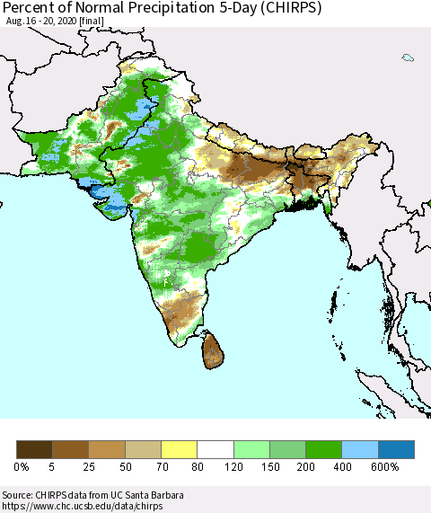 Southern Asia Percent of Normal Precipitation 5-Day (CHIRPS) Thematic Map For 8/16/2020 - 8/20/2020