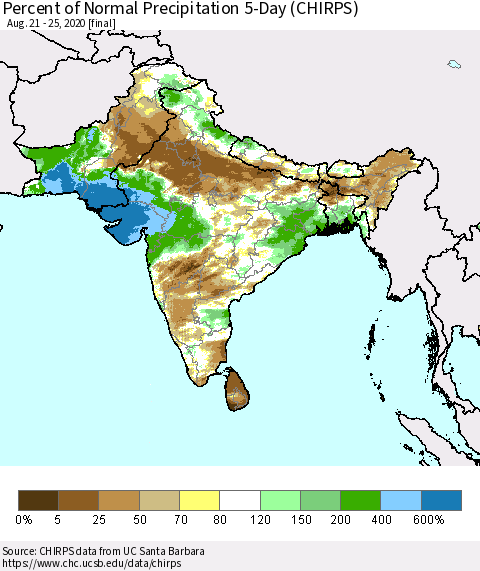 Southern Asia Percent of Normal Precipitation 5-Day (CHIRPS) Thematic Map For 8/21/2020 - 8/25/2020